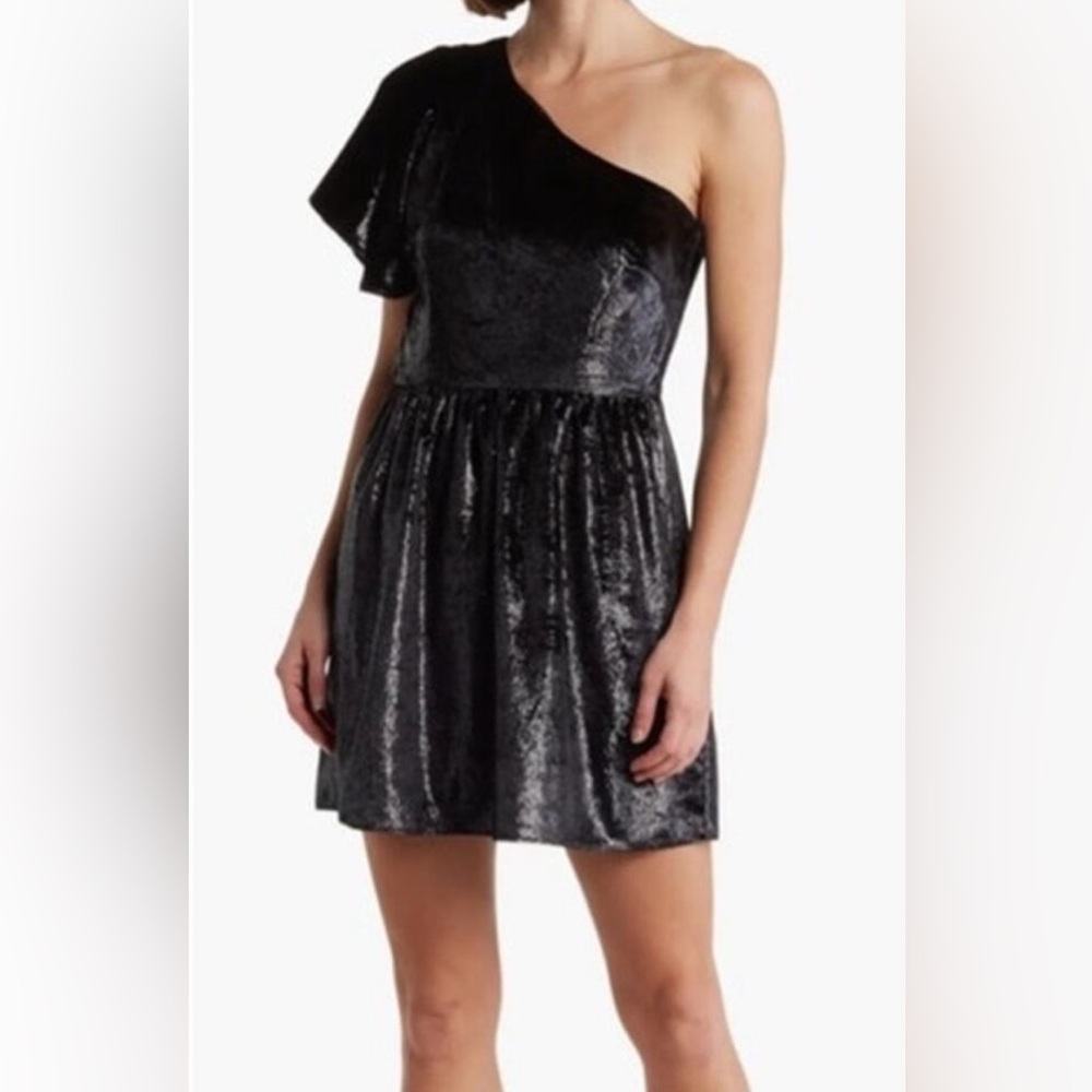 7 For All Mankind dress one shoulder metallic velour fit flare black Large L